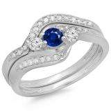 0.60 Carat (ctw) 14K White Gold Real Round Blue Sapphire & White Diamond Ladies Swirl Style Bridal 3 Stone Engagement Ring With Matching Band Set