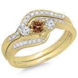 0.60 Carat (ctw) 10K Yellow Gold Real Round Champagne & White Diamond Ladies Swirl Style Bridal 3 Stone Engagement Ring With Matching Band Set