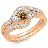 0.60 Carat (ctw) 14K Rose Gold Real Round Champagne & White Diamond Ladies Swirl Style Bridal 3 Stone Engagement Ring With Matching Band Set