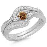 0.60 Carat (ctw) 14K White Gold Real Round Champagne & White Diamond Ladies Swirl Style Bridal 3 Stone Engagement Ring With Matching Band Set