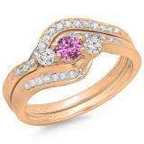 0.60 Carat (ctw) 10K Rose Gold Real Round Pink Sapphire & White Diamond Ladies Swirl Style Bridal 3 Stone Engagement Ring With Matching Band Set