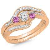 0.60 Carat (ctw) 14K Rose Gold Real Round Pink Sapphire & White Diamond Ladies Swirl Style Bridal 3 Stone Engagement Ring With Matching Band Set