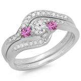 0.60 Carat (ctw) 14K White Gold Real Round Pink Sapphire & White Diamond Ladies Swirl Style Bridal 3 Stone Engagement Ring With Matching Band Set