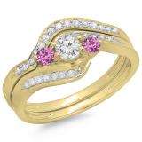 0.60 Carat (ctw) 14K Yellow Gold Real Round Pink Sapphire & White Diamond Ladies Swirl Style Bridal 3 Stone Engagement Ring With Matching Band Set