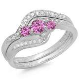 0.60 Carat (ctw) 10K White Gold Real Round Pink Sapphire & White Diamond Ladies Swirl Style Bridal 3 Stone Engagement Ring With Matching Band Set