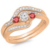 0.60 Carat (ctw) 10K Rose Gold Real Round Red Ruby & White Diamond Ladies Swirl Style Bridal 3 Stone Engagement Ring With Matching Band Set