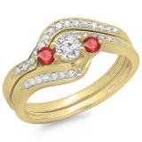 0.60 Carat (ctw) 14K Yellow Gold Real Round Red Ruby & White Diamond Ladies Swirl Style Bridal 3 Stone Engagement Ring With Matching Band Set