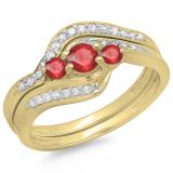 0.60 Carat (ctw) 14K Yellow Gold Real Round Red Ruby & White Diamond Ladies Swirl Style Bridal 3 Stone Engagement Ring With Matching Band Set