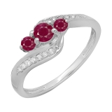 14K White Gold Real Round Red Ruby & White Diamond Ladies Swirl Style Bridal 3 Stone Engagement Wedding Band