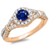 1.00 Carat (ctw) 10K Rose Gold Round Blue Sapphire & White Diamond Ladies Split Shank Bridal Engagement Halo Ring 1 CT