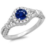 1.00 Carat (ctw) 14K White Gold Round Blue Sapphire & White Diamond Ladies Split Shank Bridal Engagement Halo Ring 1 CT