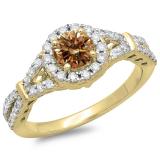 1.00 Carat (ctw) 10K Yellow Gold Round Champagne & White Diamond Ladies Split Shank Bridal Engagement Halo Ring 1 CT