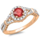 1.00 Carat (ctw) 18K Rose Gold Round Red Ruby & White Diamond Ladies Split Shank Bridal Engagement Halo Ring 1 CT