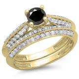 1.00 Carat (ctw) 10K Yellow Gold Round Black & White Diamond Ladies Bridal Engagement Ring With Matching Band Set 1 CT