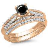 1.00 Carat (ctw) 14K Rose Gold Round Black & White Diamond Ladies Bridal Engagement Ring With Matching Band Set 1 CT