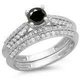 1.00 Carat (ctw) 14K White Gold Round Black & White Diamond Ladies Bridal Engagement Ring With Matching Band Set 1 CT