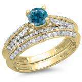 1.00 Carat (ctw) 10K Yellow Gold Round Blue & White Diamond Ladies Bridal Engagement Ring With Matching Band Set 1 CT