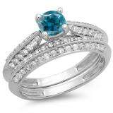 1.00 Carat (ctw) 14K White Gold Round Blue & White Diamond Ladies Bridal Engagement Ring With Matching Band Set 1 CT