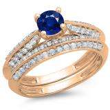 1.00 Carat (ctw) 10K Rose Gold Round Blue Sapphire & White Diamond Ladies Bridal Engagement Ring With Matching Band Set 1 CT