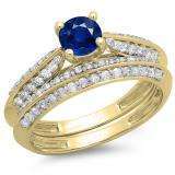 1.00 Carat (ctw) 10K Yellow Gold Round Blue Sapphire & White Diamond Ladies Bridal Engagement Ring With Matching Band Set 1 CT