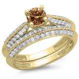 1.00 Carat (ctw) 10K Yellow Gold Round Champagne & White Diamond Ladies Bridal Engagement Ring With Matching Band Set 1 CT