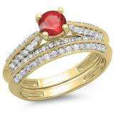 1.00 Carat (ctw) 10K Yellow Gold Round Red Ruby & White Diamond Ladies Bridal Engagement Ring With Matching Band Set 1 CT