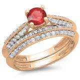 1.00 Carat (ctw) 14K Rose Gold Round Red Ruby & White Diamond Ladies Bridal Engagement Ring With Matching Band Set 1 CT