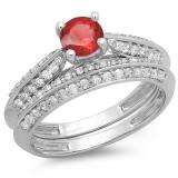 1.00 Carat (ctw) 14K White Gold Round Red Ruby & White Diamond Ladies Bridal Engagement Ring With Matching Band Set 1 CT
