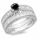 3.00 Carat (ctw) 14K White Gold Princess & Round Black & White Diamond Ladies Bridal Engagement Ring Set With Matching Band 3 CT