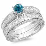 3.00 Carat (ctw) 14K White Gold Princess & Round Blue & White Diamond Ladies Bridal Engagement Ring Set With Matching Band 3 CT