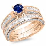 3.00 Carat (ctw) 10K Rose Gold Princess & Round Blue Sapphire & White Diamond Ladies Bridal Engagement Ring Set With Matching Band 3 CT