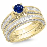 3.00 Carat (ctw) 10K Yellow Gold Princess & Round Blue Sapphire & White Diamond Ladies Bridal Engagement Ring Set With Matching Band 3 CT