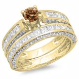 3.00 Carat (ctw) 10K Yellow Gold Princess & Round Champagne & White Diamond Ladies Bridal Engagement Ring Set With Matching Band 3 CT