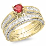 3.00 Carat (ctw) 10K Yellow Gold Princess & Round Red Ruby & White Diamond Ladies Bridal Engagement Ring Set With Matching Band 3 CT