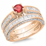 3.00 Carat (ctw) 18K Rose Gold Princess & Round Red Ruby & White Diamond Ladies Bridal Engagement Ring Set With Matching Band 3 CT