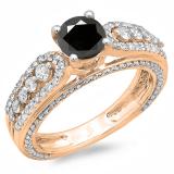1.75 Carat (ctw) 10K Rose Gold Round Black & White Diamond Ladies Vintage Style Solitaire With Accents Bridal Engagement Ring 1 3/4 CT