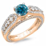 1.75 Carat (ctw) 10K Rose Gold Round Blue & White Diamond Ladies Vintage Style Solitaire With Accents Bridal Engagement Ring 1 3/4 CT