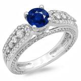 1.75 Carat (ctw) 14K White Gold Round Blue Sapphire & White Diamond Ladies Vintage Style Solitaire With Accents Bridal Engagement Ring 1 3/4 CT