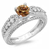 1.75 Carat (ctw) 10K White Gold Round Champagne & White Diamond Ladies Vintage Style Solitaire With Accents Bridal Engagement Ring 1 3/4 CT