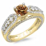 1.75 Carat (ctw) 10K Yellow Gold Round Champagne & White Diamond Ladies Vintage Style Solitaire With Accents Bridal Engagement Ring 1 3/4 CT