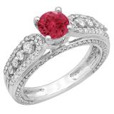 1.75 Carat (ctw) 10K White Gold Round Red Ruby & White Diamond Ladies Vintage Style Solitaire With Accents Bridal Engagement Ring 1 3/4 CT