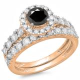 2.00 Carat (ctw) 14K Rose Gold Round Cut Black & White Diamond Ladies Bridal Halo Style Engagement Ring With Matching Wedding Band Set 2 CT