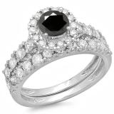 2.00 Carat (ctw) 14K White Gold Round Cut Black & White Diamond Ladies Bridal Halo Style Engagement Ring With Matching Wedding Band Set 2 CT