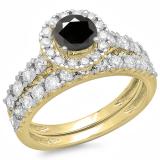 2.00 Carat (ctw) 14K Yellow Gold Round Cut Black & White Diamond Ladies Bridal Halo Style Engagement Ring With Matching Wedding Band Set 2 CT