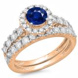 2.00 Carat (ctw) 10K Rose Gold Round Cut Blue Sapphire & White Diamond Ladies Bridal Halo Style Engagement Ring With Matching Wedding Band Set 2 CT