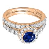 2.00 Carat (ctw) 10K Rose Gold Round Cut Blue Sapphire & White Diamond Ladies Bridal Halo Style Engagement Ring With Matching Wedding Band Set 2 CT