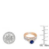 2.00 Carat (ctw) 10K Rose Gold Round Cut Blue Sapphire & White Diamond Ladies Bridal Halo Style Engagement Ring With Matching Wedding Band Set 2 CT
