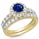 2.00 Carat (ctw) 10K Yellow Gold Round Cut Blue Sapphire & White Diamond Ladies Bridal Halo Style Engagement Ring With Matching Wedding Band Set 2 CT
