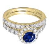 2.00 Carat (ctw) 10K Yellow Gold Round Cut Blue Sapphire & White Diamond Ladies Bridal Halo Style Engagement Ring With Matching Wedding Band Set 2 CT