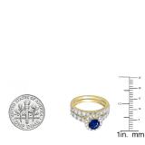 2.00 Carat (ctw) 10K Yellow Gold Round Cut Blue Sapphire & White Diamond Ladies Bridal Halo Style Engagement Ring With Matching Wedding Band Set 2 CT